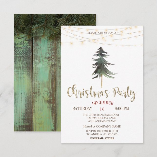 Christmas Pine Trees,Lights Wood Christmas Party Invitation (Front/Back)