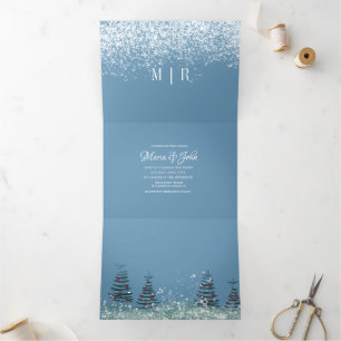 Christmas Pine Trees Snow Scene Wedding Tri-Fold Invitation