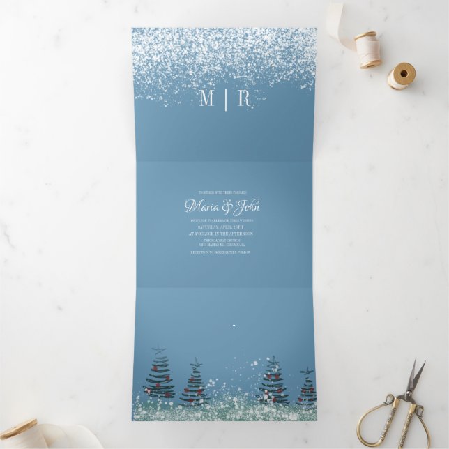 Christmas Pine Trees Snow Scene Wedding Tri-Fold Invitation (Inside)