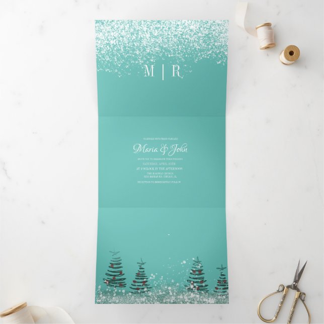Christmas Pine Trees Snow Scene Wedding Tri-Fold Invitation (Inside)