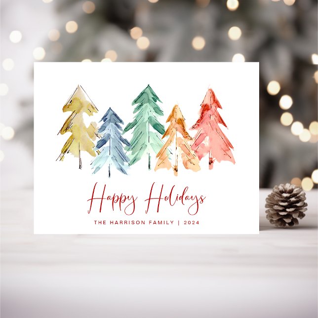  Christmas Pine Trees Watercolor Happy Holiday Postcard (Creator Uploaded)
