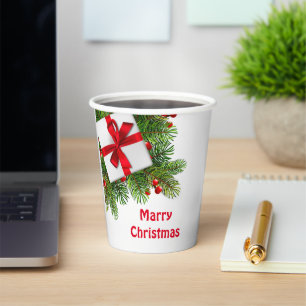 Christmas Pine Trees with White Present Red Paper Cups