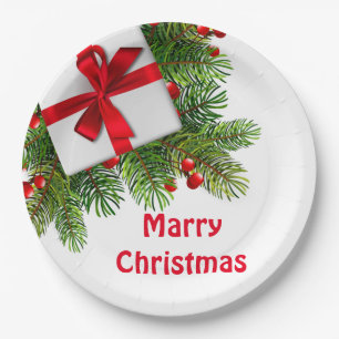 Christmas Pine Trees with White Present Red  Paper Plates
