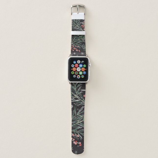 Christmas Pine Twigs Black Background Apple Watch Band (Front)