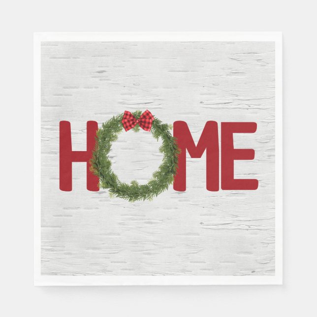 Christmas Pine Wreath and Home Text On Birch Napkins (Front)