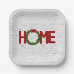 Christmas Pine Wreath and Home Text On Birch Paper Plates