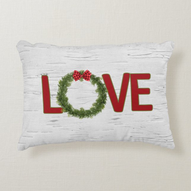Christmas Pine Wreath and LOVE Text On Birch Accent Pillow (Front)