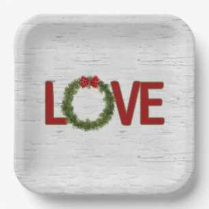 Christmas Pine Wreath and LOVE Text On Birch Paper Plates