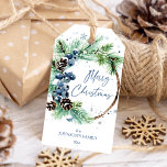 Christmas pine wreath blue winter berries  gift tags<br><div class="desc">Christmas pine wreath blue winter berries  gift tags snowflakes snowy pines watercolor template gift tags</div>