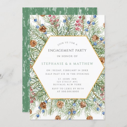 Christmas Pine Wreath Gold Engagement Party Invitation
