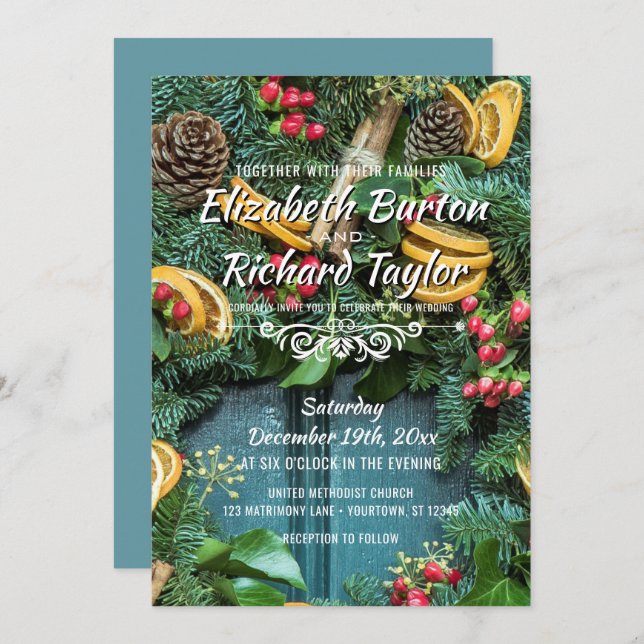 Christmas Pine Wreath Holiday Winter Wedding Invitation (Front/Back)