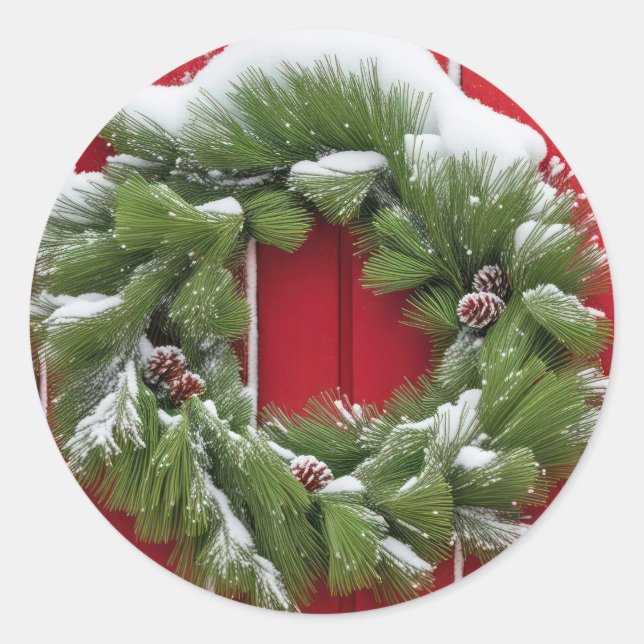 Christmas Pine Wreath On Red Barn Classic Round Sticker (Front)