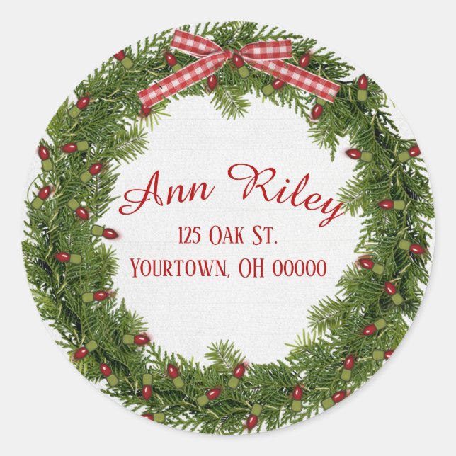 Christmas pine wreath with lights classic round sticker (Front)