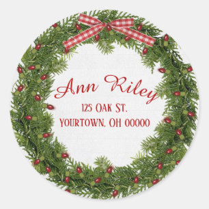 Christmas pine wreath with lights classic round sticker