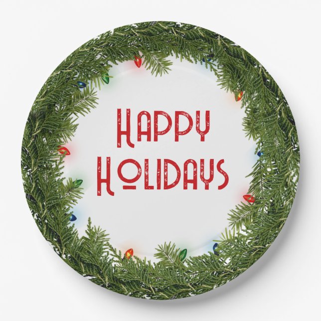 Christmas Pine Wreath with Lights Paper Plates (Front)
