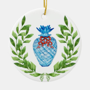 Christmas Pineapple Blue & White Ginger Jar Ceramic Ornament