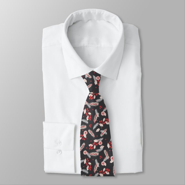 Christmas Pinecone Fir Branch Segments Holly Berry Neck Tie (Tied)