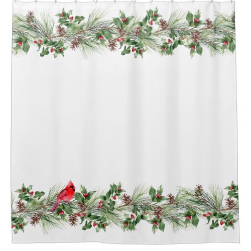 Christmas Pinecone  Holly Berry White Shower Curtain