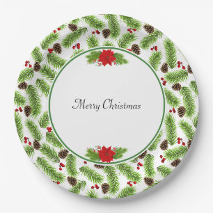 Christmas Pinecones & Red Berries Paper Plates