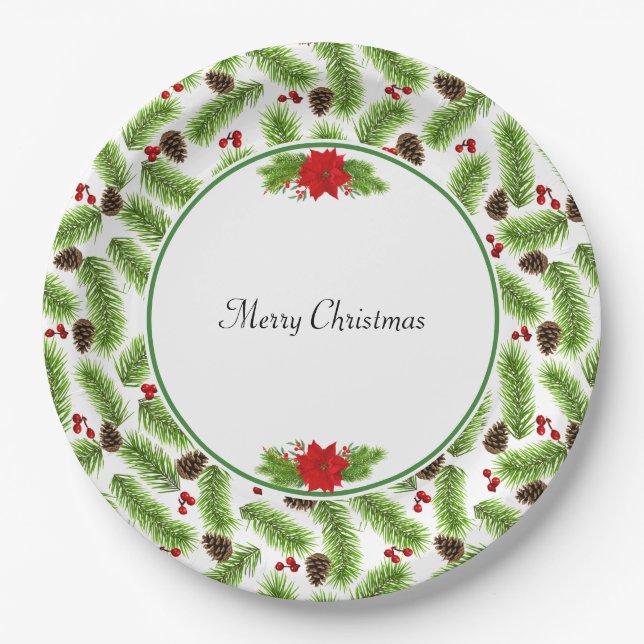 Christmas Pinecones & Red Berries Paper Plates (Front)