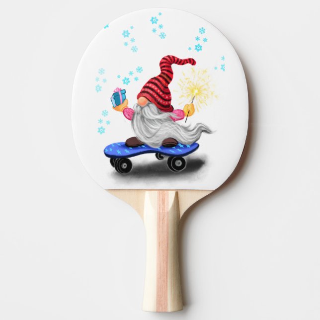 Christmas Ping Pong Paddle Skater Gnome with Gifts (Front)