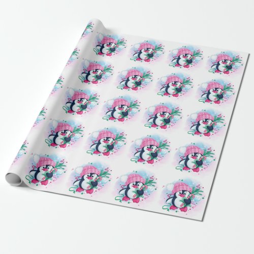 Christmas Pinguin Pink Hat Watercolor Holiday Wrapping Paper