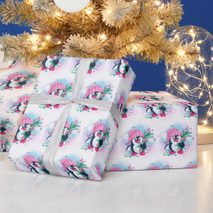 Christmas Pinguin Pink Hat Watercolor Holiday Wrapping Paper