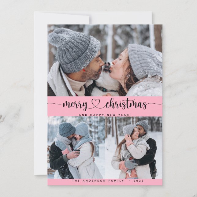 Christmas Pink 3 Collage Multi Photo Holiday Card (Front)