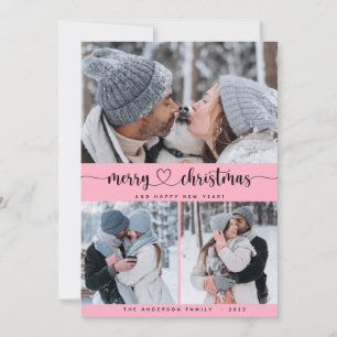 Christmas Pink 3 Collage Multi Photo Holiday Card
