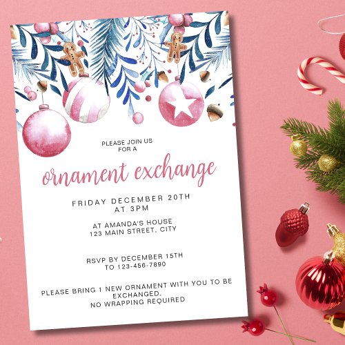 Christmas Pink and Blue Ornament Exchange Party Invitation
