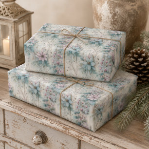 Christmas Pink and Blue Poinsettia Floral Wrapping Paper Sheets