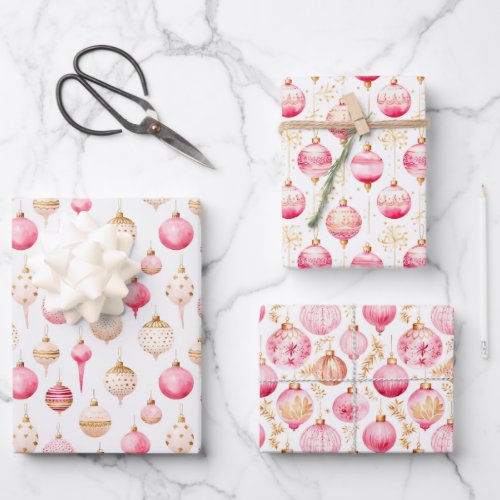 Christmas Pink and Gold Ornaments Wrapping Paper Sheets