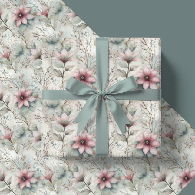 Christmas Pink and Silver Poinsettia Floral  Wrapping Paper (Creator Uploaded)