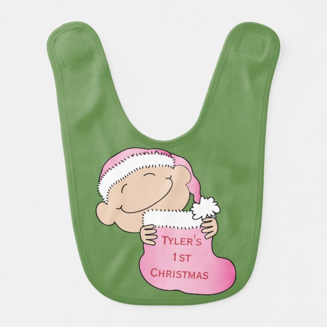 Christmas Pink Baby Bib "Baby's Christmas" (Front)