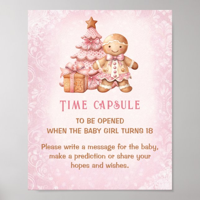 Christmas Pink Baby Shower Game Time Capsule Sign (Front)
