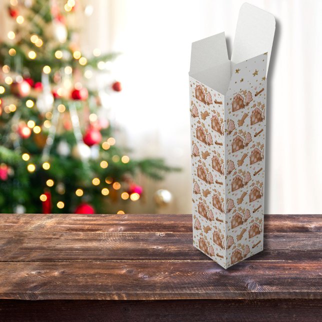 Christmas Pink Brown Gingerbread Houses Gold Stars Wine Box (Creator Uploaded)