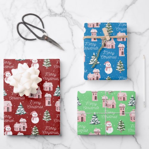 Christmas Pink Cottage Pine Tree Snowy Winter Wrapping Paper Sheets