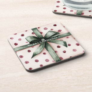 Christmas Pink Dots Green Ribbon & Bow Beverage Coaster