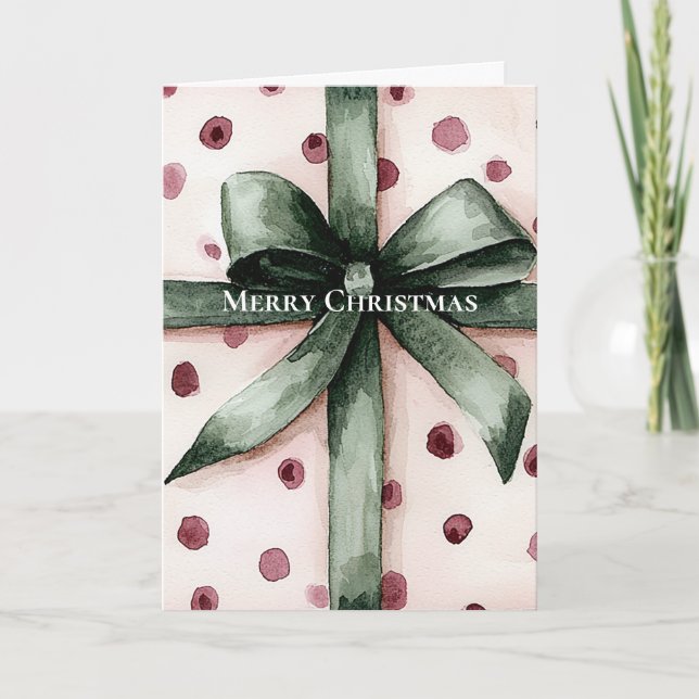 Christmas Pink Dots Green Ribbon & Bow   Card (Front)
