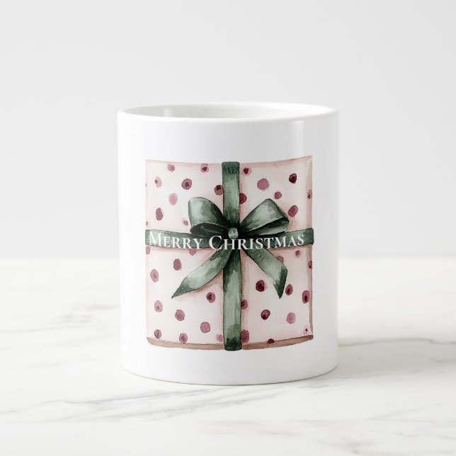 Christmas Pink Dots Green Ribbon & Bow   Giant Coffee Mug (Front)