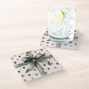Christmas Pink Dots Green Ribbon & Bow Glass Coaster