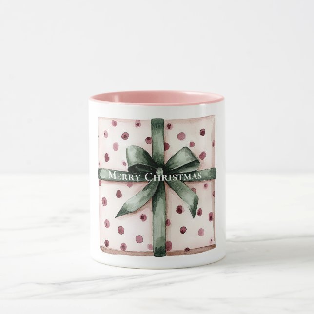 Christmas Pink Dots Green Ribbon & Bow   Mug (Center)