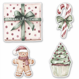 Christmas Pink Dots Green Ribbon & Bow Sticker