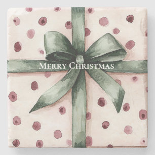 Christmas Pink Dots Green Ribbon & Bow Stone Coaster
