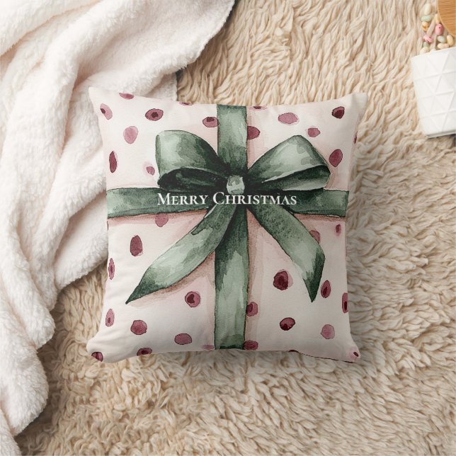 Christmas Pink Dots Green Ribbon & Bow   Throw Pillow (Blanket)