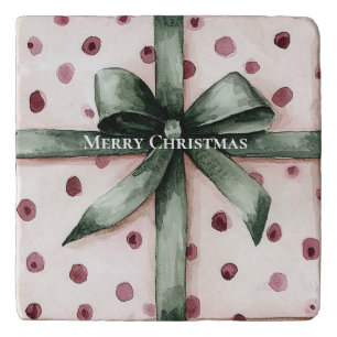 Christmas Pink Dots Green Ribbon & Bow Trivet