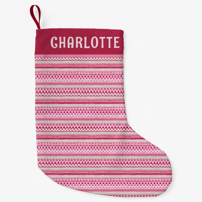 Christmas Pink Faux Knit Pattern Personalized Name Small Christmas Stocking (Front)