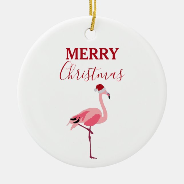 Christmas Pink Flamingo Bird with Santa Hat Ceramic Ornament (Front)