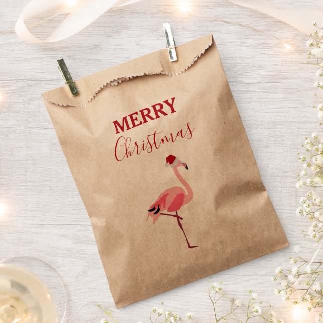 Christmas Pink Flamingo Bird with Santa Hat Favor Bag (Clipped)