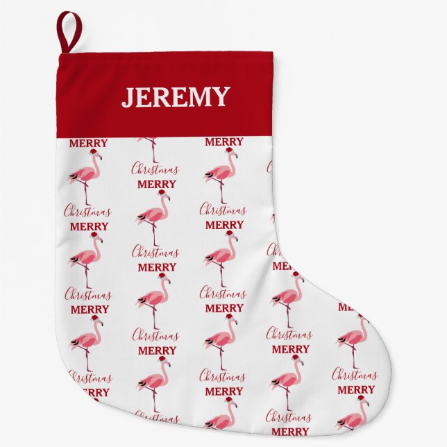 Christmas Pink Flamingo Bird with Santa Hat  Large Christmas Stocking (Front)